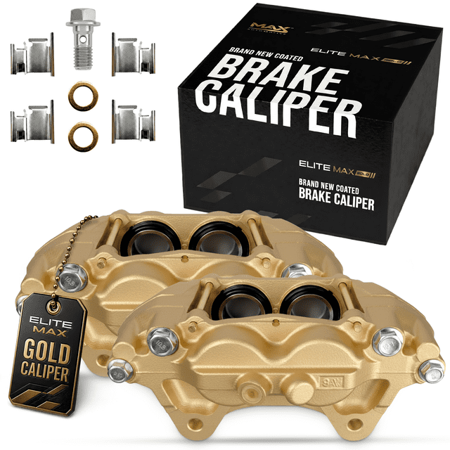Max Advanced Brakes – EliteMAX Front Brake Caliper Set for 2005-2023 Toyota Tacoma, Driver & Passenger Side, Gold Powder Coated, Disc Brake Caliper Assembly w/o Bracket
