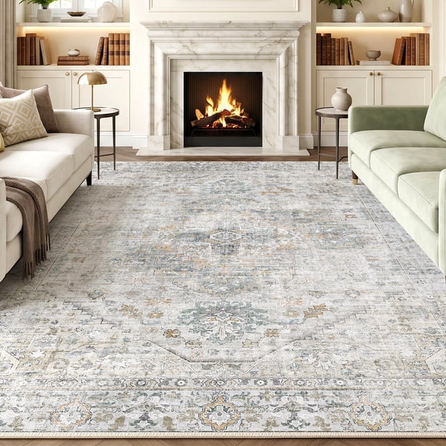 Exenoray Washable Bohemian Area Rug, Non-Slip Low Pile Printed Rug, Polyester Surface, Light Blue, 8' x 10'