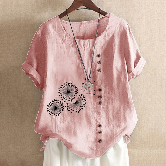 Pisexur Oversize Blouses pour Femmes 2024 Pissenlit Coton Lin Tops Manches Courtes Chemisier Col Rond Bouton T-Shirts Tunique d'Été Tops T-Shirts Décontractés