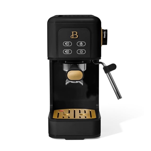 Belle Cafetière Espresso Mince avec Pression de 20 Bars en Noir avec accents Dorés, Dotée d'Un Profil avant Mince, d'Un Panneau de Commande à Commande Tactile, d'Un Porte-Filtre à Embout Doré, d'Un Plateau d'Égouttement Amovible avec Grille Dorée, et d'Une Buse Vapeur en Acier Inoxydable avec Rotation à 360 Degrés pour Faire Mousser le Lait Ou l'Eau Chaude.