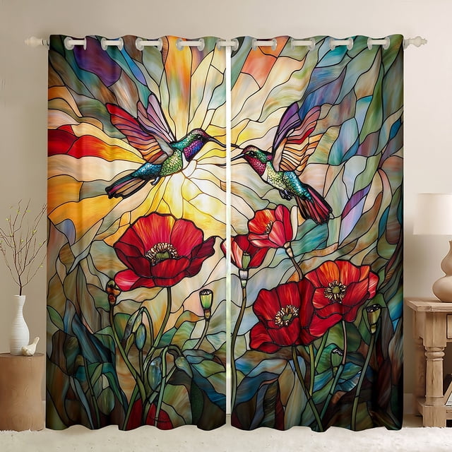 Hummingbird Window Curtain Set of 2 Panels,Rustic Garden Poppy Red Flowers Botanical Window Drapes,Artistic Stained Glass Style Patchwork Curtain for Kids Adults Bedroom Decor,52Wx63L