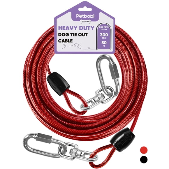 Petbobi Heavy-Duty Dog Tie-Out Cable - 50FT Extra Strong Wire Cable for Large Pets Up to 300Lbs, Rust Proof Dogs Leash with Carabiners, Outdoor Pet Leads for Yard Camping Outside, Red