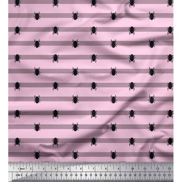 Soimoi Pink polyester Crepe Fabric Stripe & Beetles Insects Print Sewing Fabric Yard 52 Inch Wide