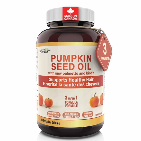 Herba Pumpkin Seed Oil Capsules for Hair - 90 Softgels | 3 in 1 with Saw Palmetto and Biotin | Made in Canada