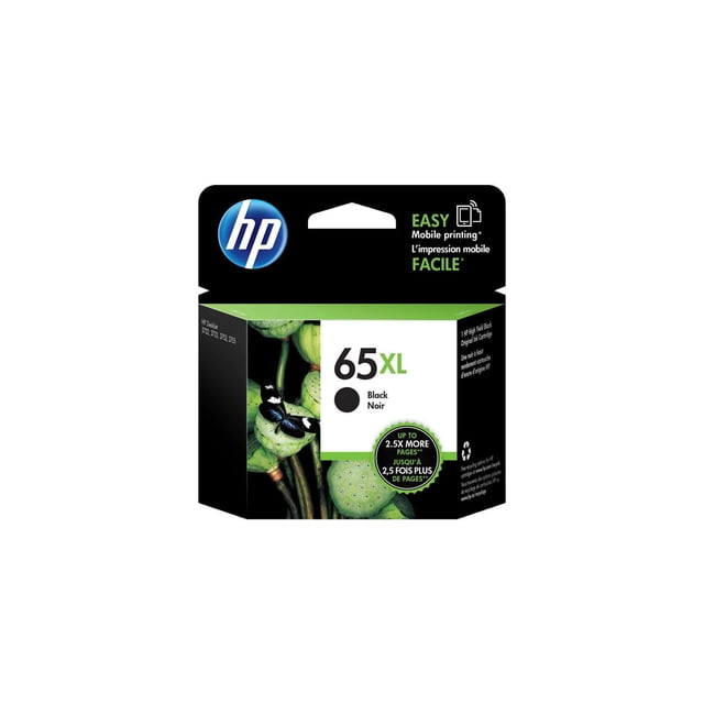HP 65XL Black High Yield Original Ink Cartridge box featuring the HP logo, '65XL Black Noir' label, and a green badge indicating up to 2.5 times more pages. The packaging shows green lotus seed pods and a black-blue butterfly, compatible with HP DeskJet and ENVY printers and supports easy mobile printing.