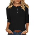 thumbnail image 1 of Yuyuzo Womens 3/4 Sleeve Tops Basic Button Crew Neck Solid Color Loose Fitted Tunics Tee Blouses, 1 of 5