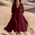 thumbnail image 1 of Pisexur Robes d'Été pour Femmes en Doux Lin-Coton Robes d'Été pour Femmes Décontractées à Col en V Manches 3/4 Robe Maxi Ample Confortable Fluide Robes pour Femmes Couleur Unie à Volants Boho Longues Robes P-2TG Rouge, 1 of 5