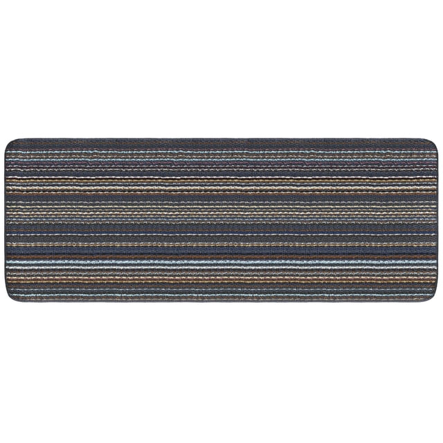 Warwick tufted machine washable entryway area mat/runner in blue with horizontal multicolored stripes, featuring a durable woven tufted top and non-slip thermoplastic rubber backing that protects floors from dirt and wear in high-traffic indoor areas, also suitable for kitchens or hallways.