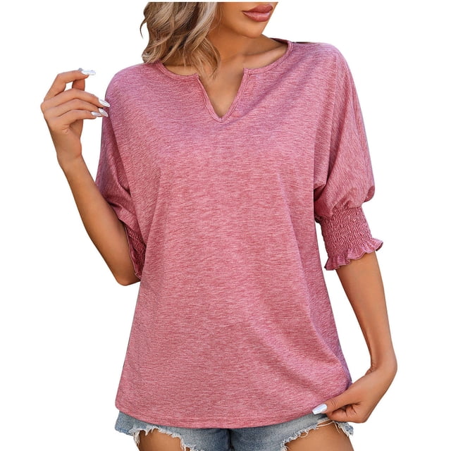 Penkiiy Chemises à Manches Courtes pour Femmes Col en V Bouffant T-Shirts Décontractés à Œillets Tunique Tendance Habillée Hauts d'Affaires S Rose