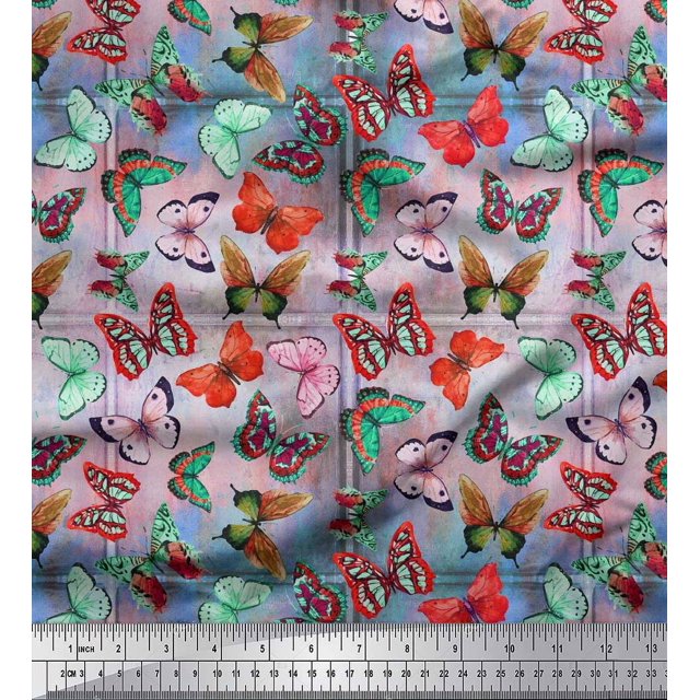 Soimoi Modal Satin Fabric Colorful Butterfly Printed Fabric 1 Yard 42 Inch Wide