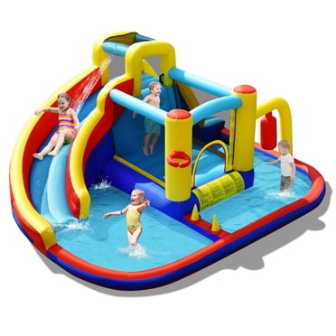 Gymax Glissoire Aquatique Gonflable 7-en-1 Parc Aquatique Château pour Enfants Sans Souffleur d'Air