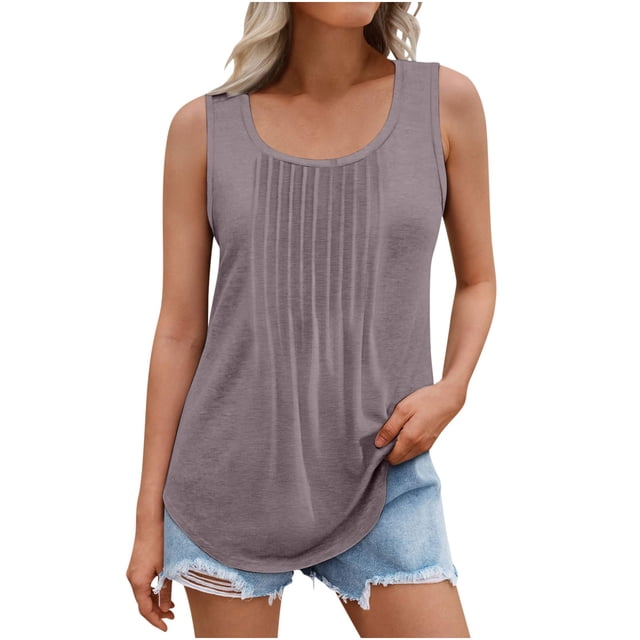 Plebaso Débardeurs d'Été pour Femmes Sans Manches Plissés Chemises Amples Col Rond Blouse Décontractée Unie P-5TG
