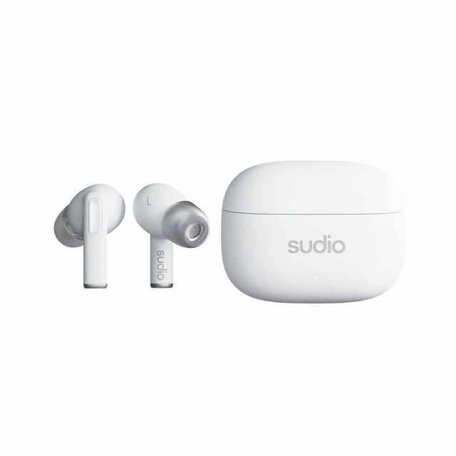 Sudio A1 Pro ANC Wireless Earbuds White featuring left and right in-ear earbuds with silicone tips and short stems, alongside a compact white charging case with the sudio logo, offering active noise cancellation, Bluetooth 5.2, and IPX4 water resistance, ideal for daily use and light exercise.