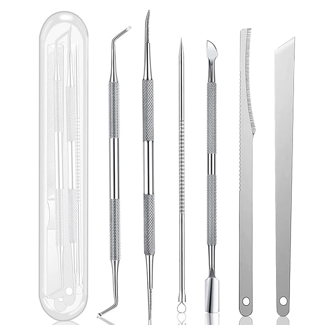 Pedicure Tool Kit, Surgical Grade Stainless Steel Ingrown Toenail File Lifter, Professional Nail Health Set for Home Use (7pcs). Includes seven precision manicure tools made of durable stainless steel, featuring textured handles for grip and various shapes for nail and cuticle care. Tools are displayed against a white background with a transparent storage case.