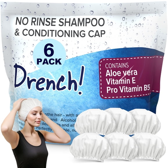 Drench No Water Rinse Free Shampoo Caps - Waterless Shampoo and Conditioner - Dry Hair Wash Caps for Elderly or Bedridden - Contains Aloe Vera, Vitamin E and Provitamin B5-6 Count