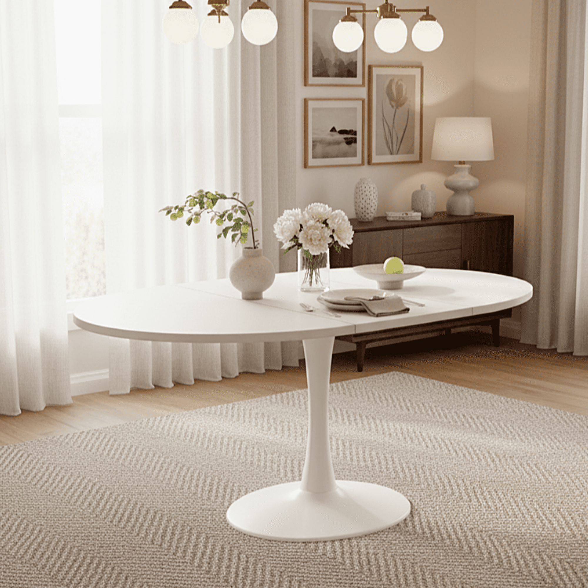 Noble House Extendable Round Dining Table,Smooth Extension Mechanism, Versatile Dining Table for Home Use, White
