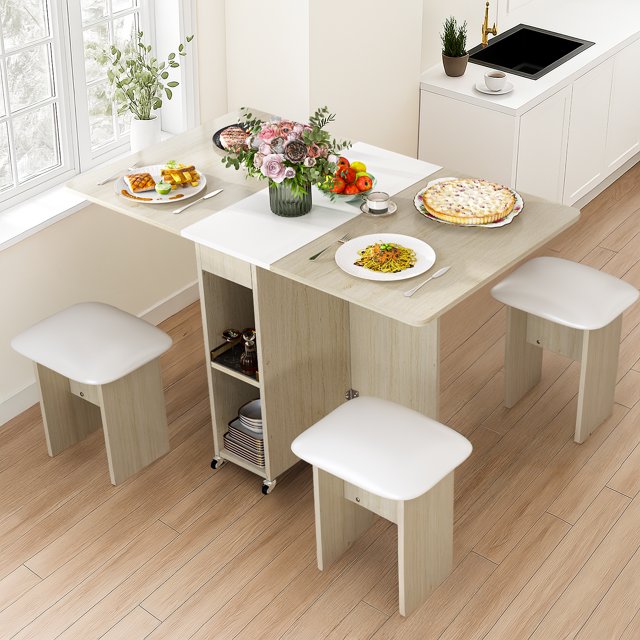 Stmoze Ensemble de Table à Manger Pliante pour 4 avec Roues, Table à Manger Extensible avec 4 Chaises en Cuir, Ensemble de Table de Cuisine avec Étagères de Rangement, Ensemble de Salle à Manger pour Maison, Appartement, Beige