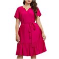thumbnail image 2 of Ovzne Robes pour Femmes Robe d'Été pour Femmes Grande Taille à Manches Courtes Couleur Unie à Lacets Style Élégant Taille Cintrée Robe à Col en V Robe à Manches Courtes à Col en V Robe pour Femmes à Manches Courtes Liquidation, 2 of 7