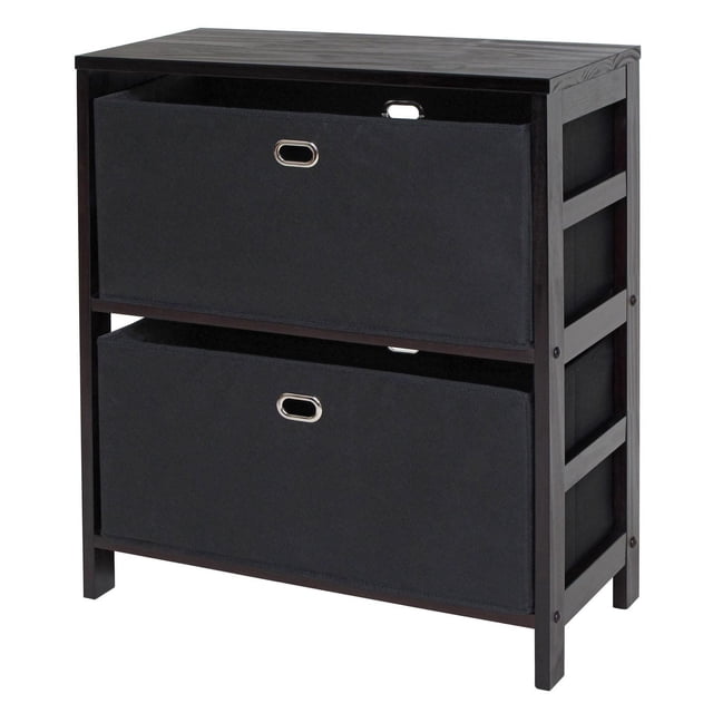 Winsome Torino Ensemble de Rangement 3 Pcs avec Paniers, Unité d'Étagères en Bois Massif à 2 Niveaux, Fini espresso, avec Deux Paniers Pliables en Tissu Noir avec Poignées Anneau en Métal, Convient pour Organiser des Jouets, des Serviettes Ou des Gants dans les Entrées et les Chambres.