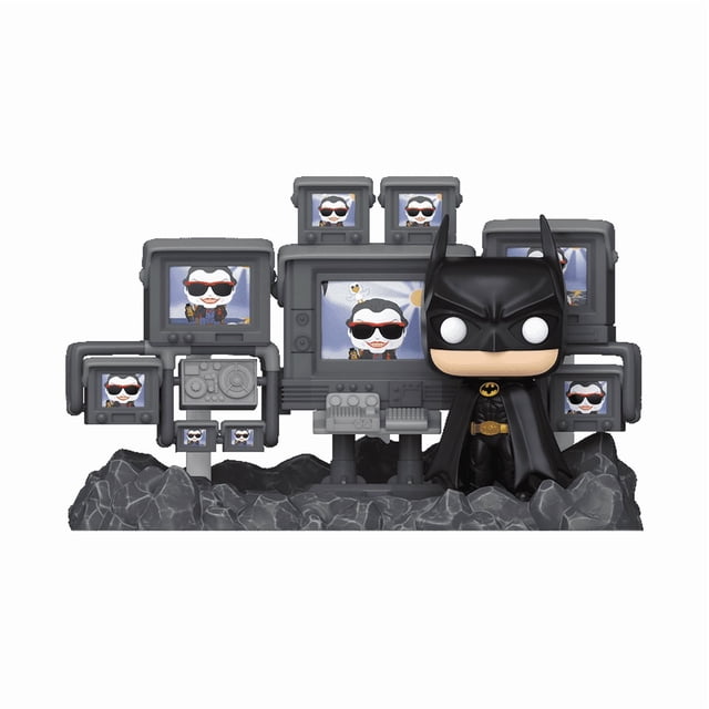 Funko Pop! Pop! Moment : DC Comics - Batman dans la Batcave (1989) Figurine en Vinyle Mettant en Vedette un Batman en Vinyle de 5,5 Pouces en costume Noir avec cape et Emblème de Chauve-Souris Jaune, Debout sur une base Rocheuse Entourée de Multiples Moniteurs vintage Gris Affichant un Personnage Portant des Lunettes de Soleil, Convient à l'Exposition de Objets de Collection DC.