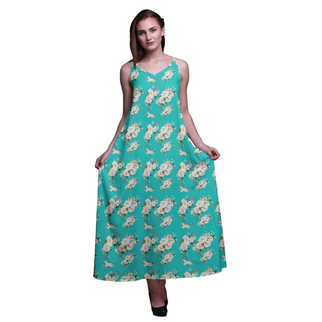 Bimba Robe Maxi à Bretelles Spaghetti Sans Manches pour Femmes en Rayonne à Imprimé Floral, Coupe Évasée - Grand
