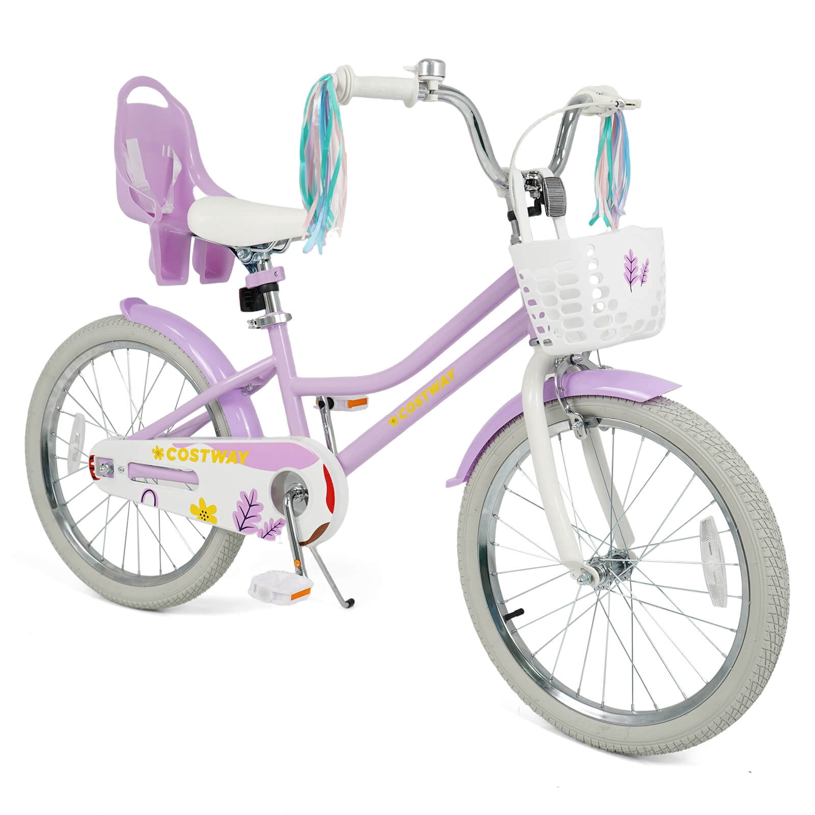 Costway Girls Bike, 20” Kids Bicycle with Basket, Doll Seat, Colorful Streamers, Reflectors Purple