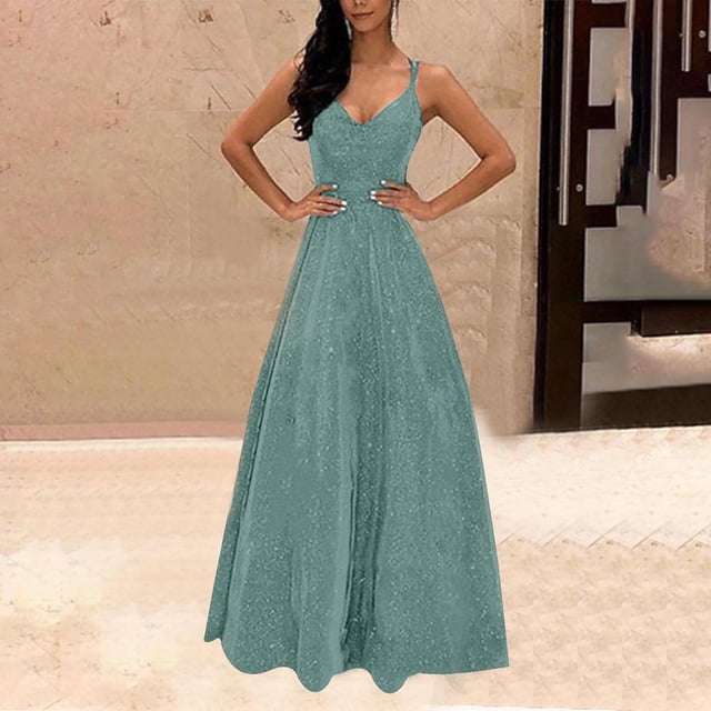 Wiyuqeen Robe de Bal Longue à Col en V pour Femme, Robe de Bal Scintillante à Bretelles Spaghetti, Robe de Fête Unie Unie Sans Manches, Robes de Soirée Formelles