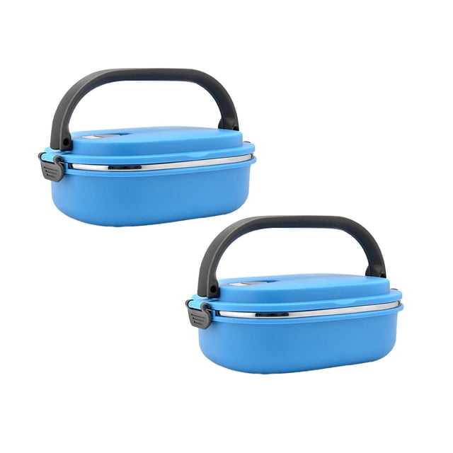Oleegame Ensemble de Couverts en Acier Inoxydable 2 Pcs Boîte à Lunch en Acier Inoxydable Étudiant Double Isolation Boîte Bento Rectangulaire Boîte à Lunch Multicouche Bleu