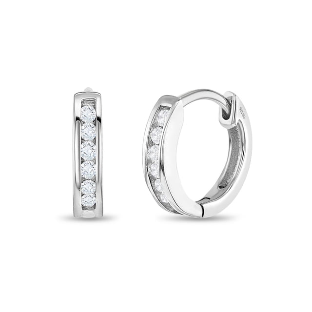 Channel Cubic Zirconia 9mm Earrings Hoop/Huggie Safety Latch - Sterling Silver. A pair of 925 sterling silver huggie hoop earrings featuring clear cubic zirconia stones set in a channel design. The earrings have a hinge with a notched post for secure wear and are hypoallergenic, suitable for sensitive ears. Perfect kids earrings and sparkly accessory for girls and preteens, these earrings come with a gift box.