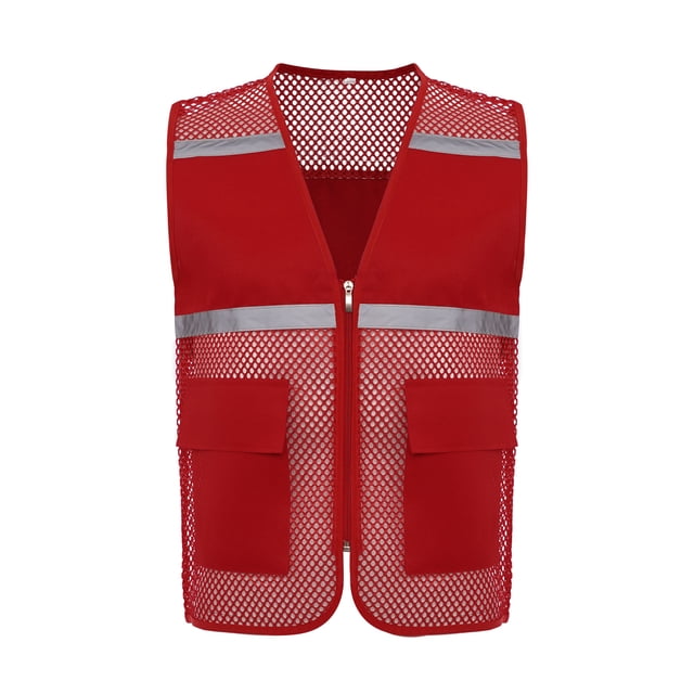RUNQHUI Men Women Zipper High Visibility Reflective Safety Vest Construction Work Mesh Fabric Work Clothes Red 170