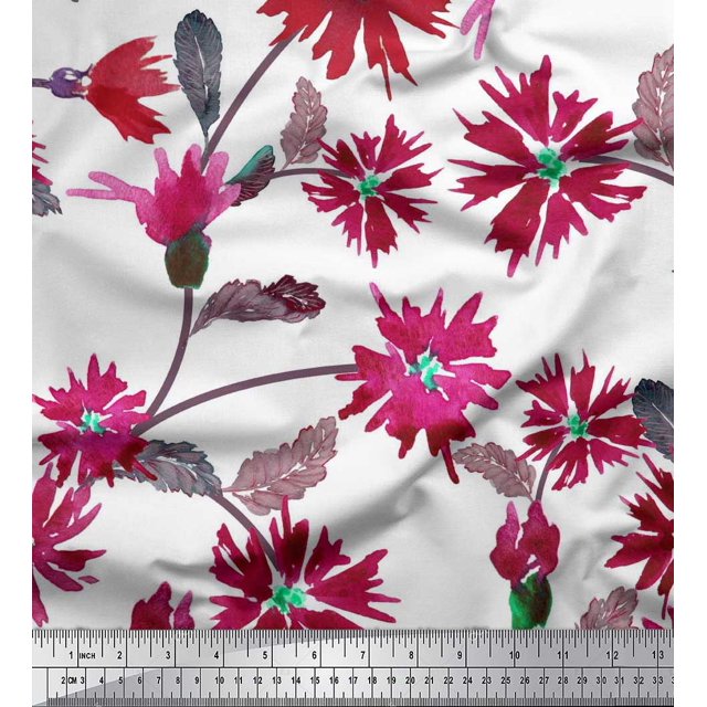 Soimoi polyester Crepe Fabric Leaves & Aster Flower Printed Fabric 1 Yard 42 Inch Wide