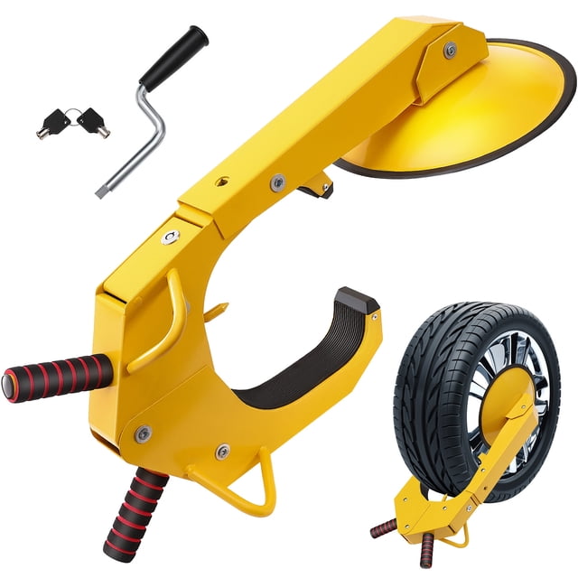 VEVOR Pince de Verrouillage de Roue, un Verrou de Pneu Antivol Robuste en Acier Q235 avec une Finition Jaune Vif. le Verrou Présente un Bras Ajustable, un Rembourrage en Caoutchouc pour la protection des Pneus et une Ventouse de 12 Pouces pour Couvrir les Écrous de Roue. Comprend Deux Clés, une Manivelle et un Manuel d'Instructions. Convient à Divers Véhicules comme les VR, les Remorques, les VUS et les Motos.