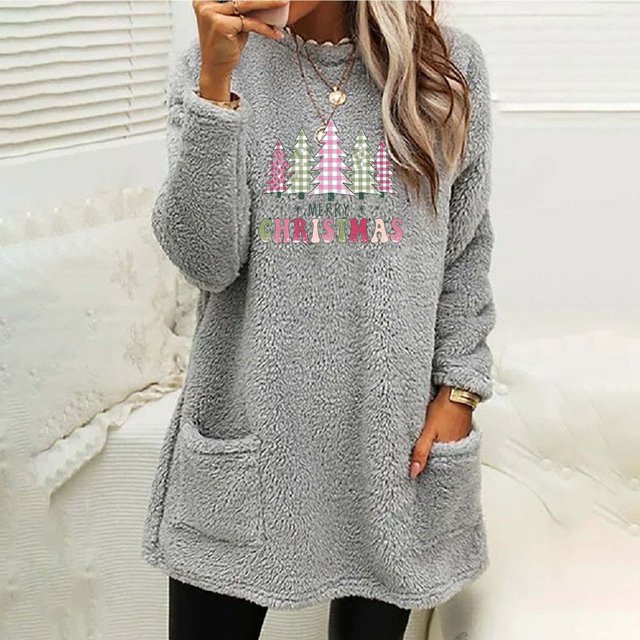 Qertyioot Chandails à Col Rond de Noël pour Femmes, Hauts Blouse à Manches Longues Chauds à Imprimé Ample avec Poche pour l'Hiver et le Rond