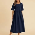 thumbnail image 1 of Meichang Robes Midi d'Été en Coton et Lin pour Femmes 2024, Robes Tuniques de Vacances, Unies, Col Rond, Manches Courtes, Robes Décontractées Évasées pour le Travail, Bleu Foncé, S, 1 of 6