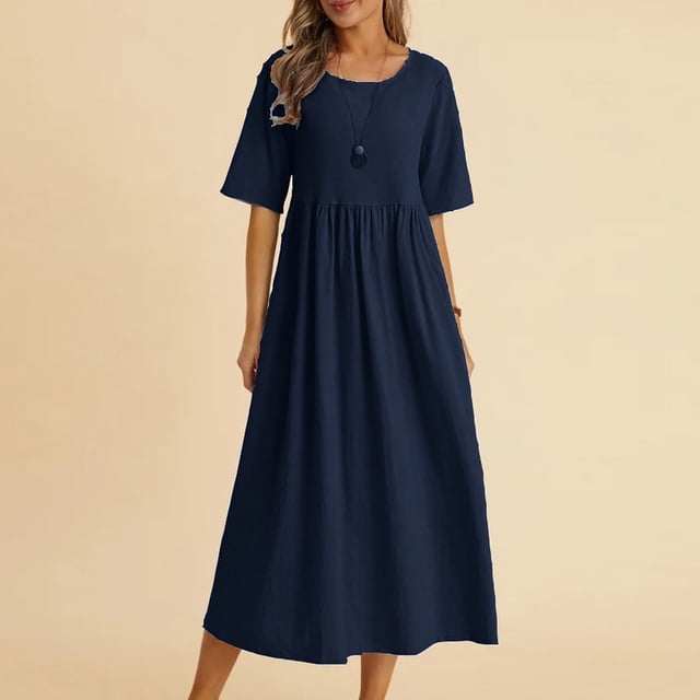 Meichang Robes Midi d'Été en Coton et Lin pour Femmes 2024, Robes Tuniques de Vacances, Unies, Col Rond, Manches Courtes, Robes Décontractées Évasées pour le Travail, Bleu Foncé, S