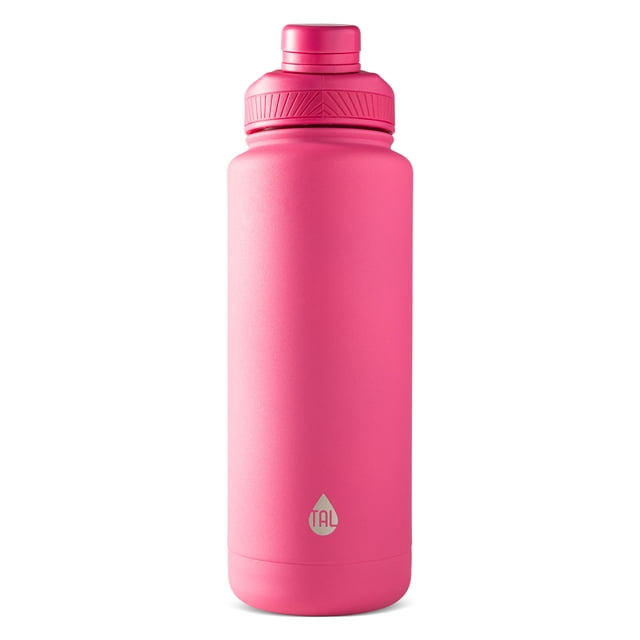 TAL Stainless Steel Ranger Water Bottle 40oz, Pink, front-facing matte pink stainless steel bottle with screw-on lid and textured grip, wide mouth for ice and cleaning, suitable for outdoor hydration and daily use.