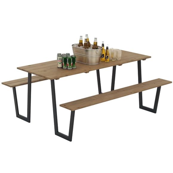 Outsunny 5.7 FT Outdoor Picnic Table Bench Set with 2" Umbrella Hole, Brown