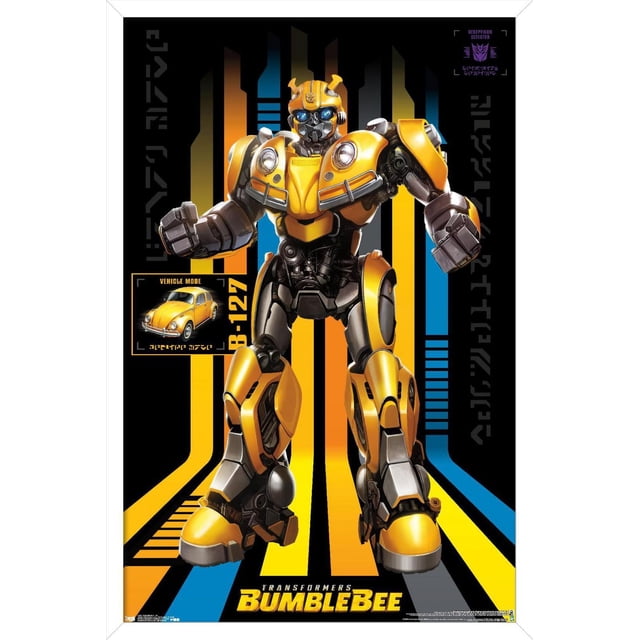 Hasbro Transformers : Bumblebee - Affiche Murale 127, 22,375 Pouces x 34 Pouces Présentant une Vue Centrale et Orientée vers l'Avant de l'Ensemble Complet du robot Bumblebee en Armure Jaune et Noire avec des Yeux Bleus, sur Fond Noir avec des Rayures Verticales orange, Jaune et Bleues. Comprend un Petit Encart du mode Véhicule Volkswagen Coccinelle Jaune de Bumblebee Étiqueté B-127. l'Affiche Brillante Est Idéale pour la Déco Murale de Chambre Ou de Bureau