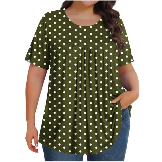 Plebaso Hauts pour Femmes Grande Taille Manches Courtes Blouses Plissées Décontractées Col Rond Été Tuniques Amples