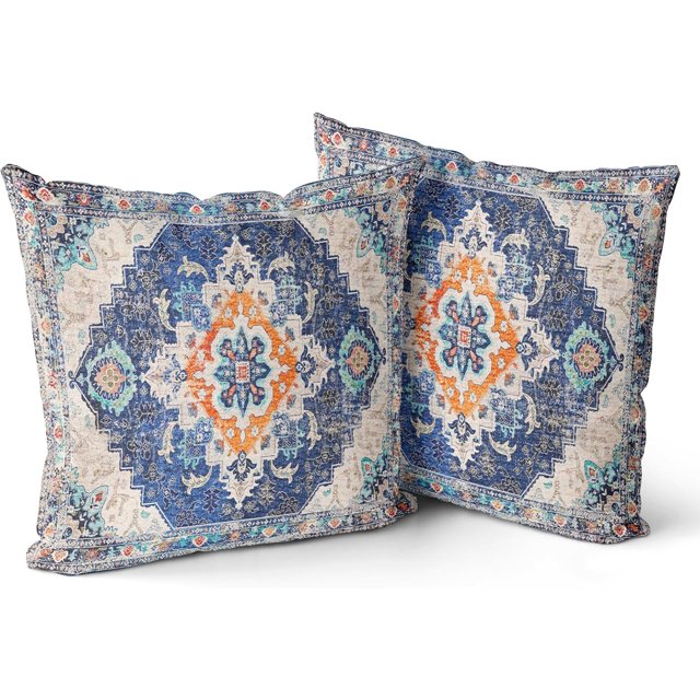 Blue Boho Throw Pillow Covers Set of 2 Monaco Rug Carpet Double Sided Pattern Cotton Soft Pillow Case Cushion Cover Pillowcase for Garden Couch Sofa Bed Decorative 20x20 inch