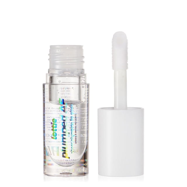 Lottie London - Plumped AF - Lip Gloss Repulpant Transparent (4,3 ml) avec un tube Cylindrique Transparent et un Bouchon à Vis Blanc avec un Applicateur fat doe-foot, Offrant une Formule Non Collante et Hydratante Qui Repulpe les Lèvres pour une Finition Brillante et Hydratée, Idéale pour Améliorer le volume et la Brillance des Lèvres.