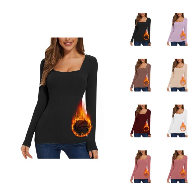Womens Long Sleeve Tops 2026 Fall Winter Basic Square Neck Fitted Breathable Undershirt T Shirt