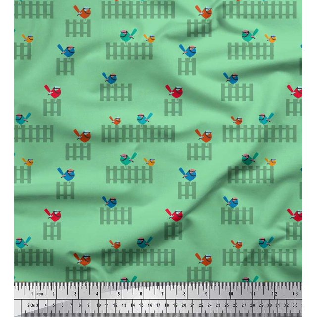 Soimoi Rayon Fabric Picket Fence & Bird Artistic Decor Fabric Printed Yard 56 Inch Wide
