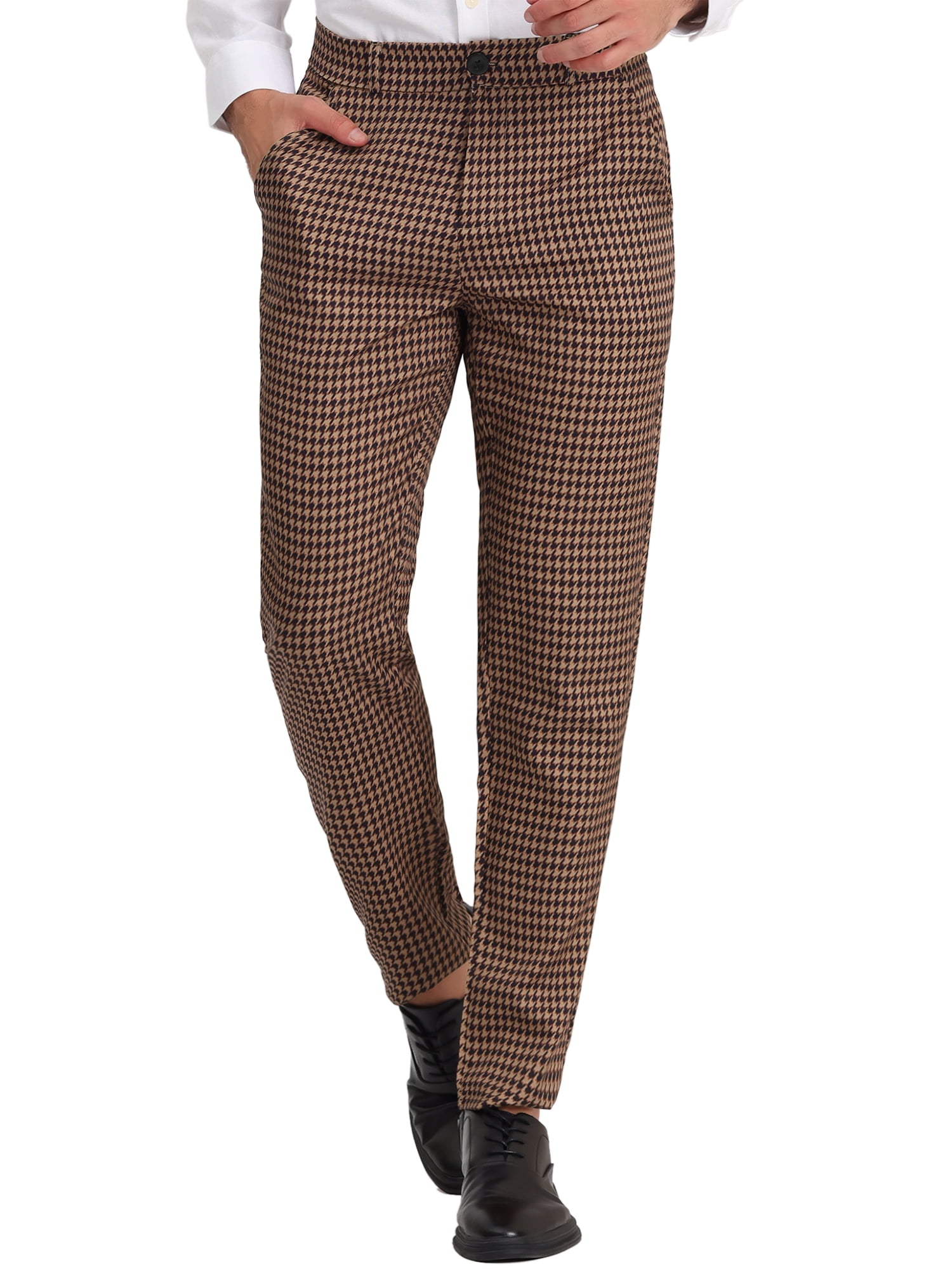 INSPIRE CHIC Pantalon Habillé Décontracté pour Homme à Imprimé Géométrique à Blocs de Couleur, devant Plat, 34, Brun