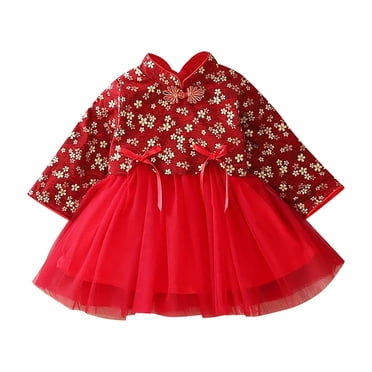 FhsagQ Robe pour Filles Tout-Petits Enfants Bébés Filles Enfants Robes de Fée pour le Nouvel An Chinois Robes de Princesse Broderie Costume Tang Performance Robes de Pâques pour Filles 12-14 Rouge 6-12 Mois