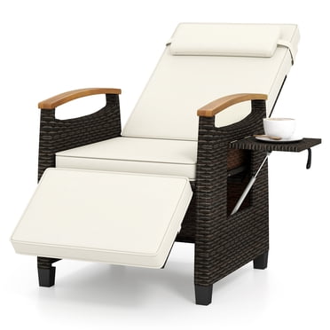 Gymax Patio Rattan Lounge Chair PE Wicker Recliner Chair w/ Adjustable Backrest & Footrest White