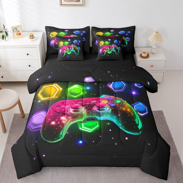 YST Boys Game 7Pcs Comforter Set Queen,Red Video Game Gamepad Bedding Set,Trippy Starry Sky Universe Bed In A Bag,Neon Light Glitter Geometric Sheet Set Modern Player Gamer Bedroom Decor