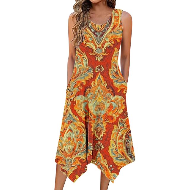 Ovzne Robes d'Été pour Femmes 2025 Robe Femme Robe Sans Manches Imprimée à Col Rond avec une Grande Jupe et Robe Maxi Ample Grande Taille Imprimée Liquidation
