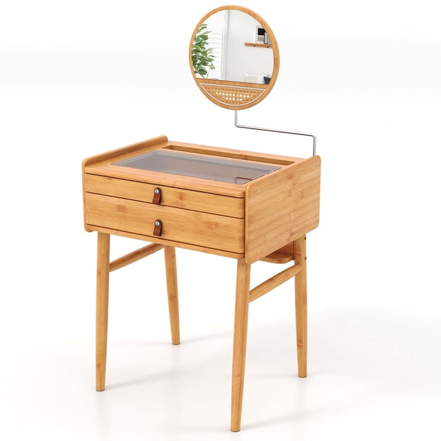 Costway Coiffeuse avec Miroir Réglable, Table de Maquillage en Bambou, Meuble de Chambre Gain de Place avec Fini Bambou Naturel. Comprend un Plateau en Verre Trempé pour une Visibilité Facile, Deux Tiroirs Coulissants pour un Rangement Organisé et un Miroir Rond Ajustable Monté sur un Bras en Métal. Pieds en Bambou Robustes avec Barres Renforcées et Patins Antidérapants Assurent la Stabilité. Parfait pour les Petites Chambres Ou les Zones de Maquillage.