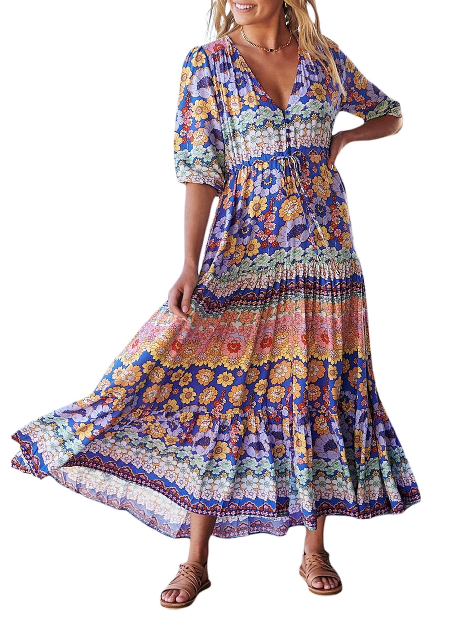 Nituyy Robe Longue à Imprimé Floral pour Femme, Manches Mi-Longues, Col en V, Ourlet Fendu, Coupe Fluide Évasée pour l'Été